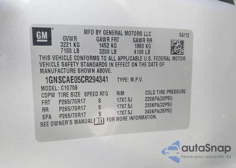 2012 Chevrolet Tahoe Ls из США, поврежденный, VIN 1GNSCAE05CR294341